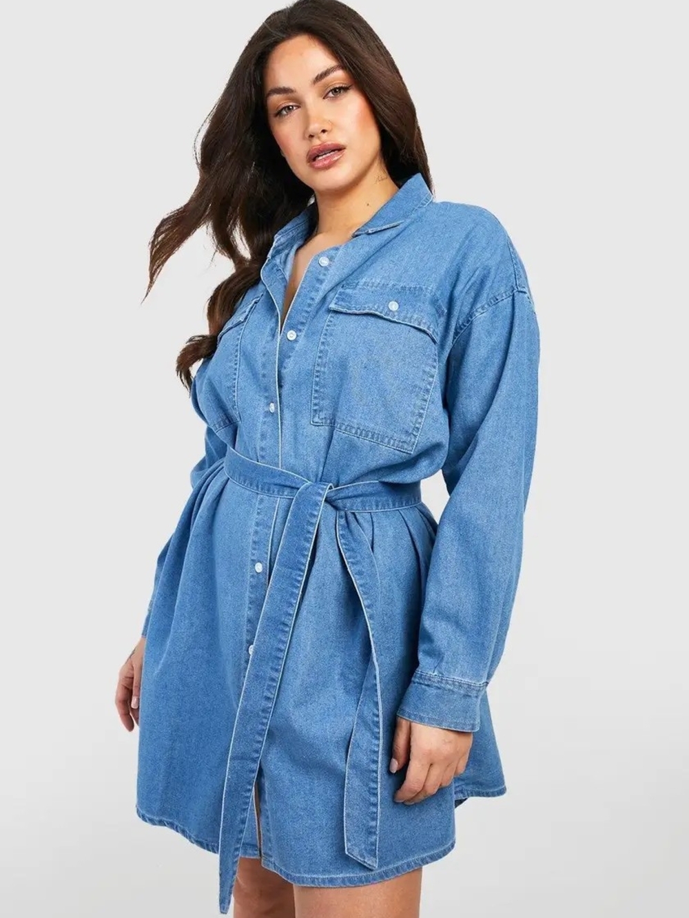 SHEIN Blue Denim Button-Front Mini Dress with Tie Waist